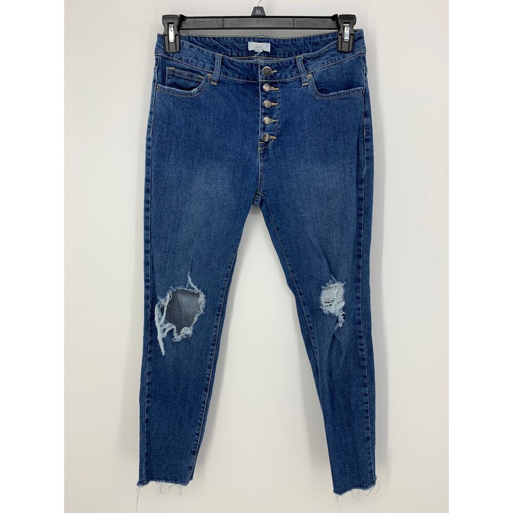 5/$16 C+J Womens Medium Blue Wash Distressed Button Fly Jeans Raw Hem Size 31